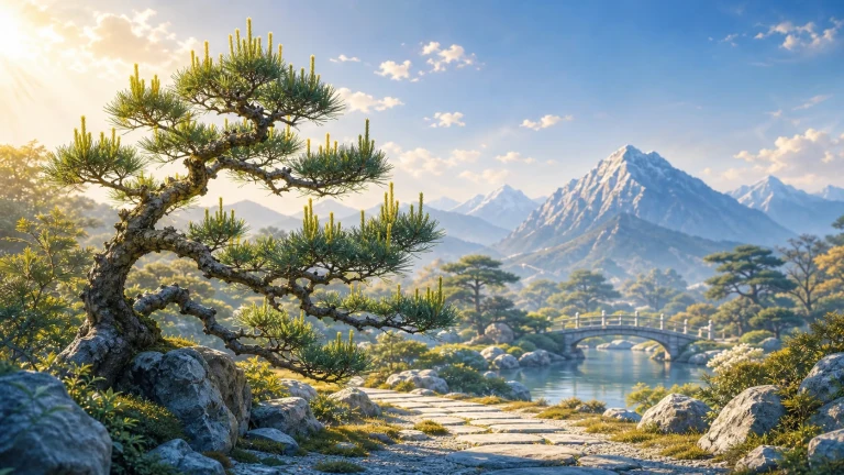 枝干盘曲的松树立在岩石与石径旁，枝头新芽直立，后方石桥跨过溪水，远山覆雪。