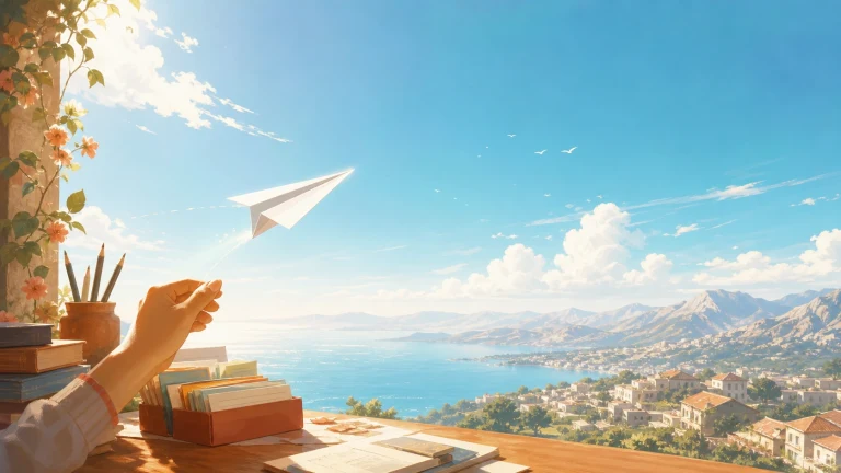 一架白纸飞机飞离窗边书桌上方，前景伸出一只手，窗外是蓝色海湾与山城。