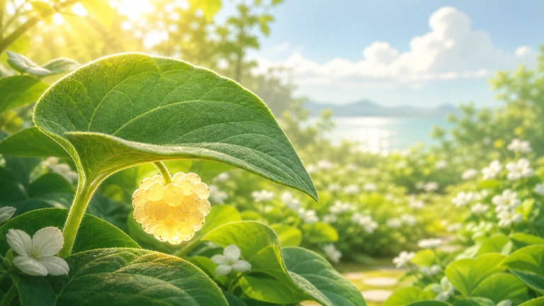 一颗浅黄色半透明颗粒状果实悬在宽大绿叶下，阳光透过果粒，后方是白花与水面。