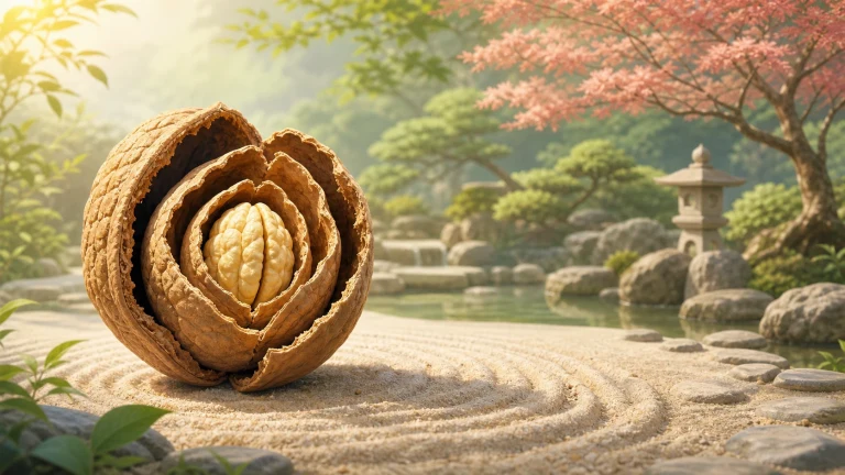 层层剥开的巨大核桃壳围着浅黄色果仁，放在画有圆形纹路的沙地上，后方是池塘与石灯。