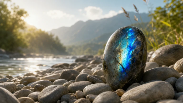 一块表面泛着蓝金色光泽的椭圆石头立在河边卵石间，背后是水流、树木与远山。