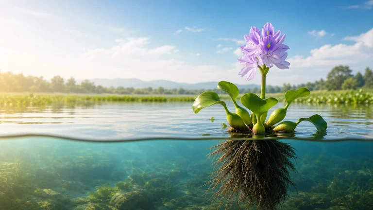 开着淡紫色花的水生植物漂在水面，肥厚绿叶围着花茎，细密根须垂入清水中。