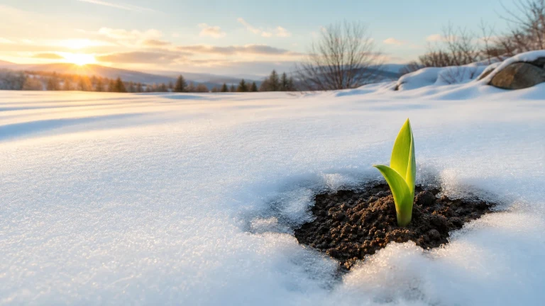 一株鲜绿嫩芽从积雪间露出的黑土中长出，低处的太阳照亮雪面，远处可见光秃树枝、岩石与山坡。