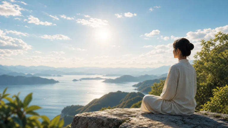 一名穿宽松浅色衣服的人盘坐在山顶岩石上，面向阳光照耀的开阔水面与层层岛屿，周围绿树环绕。