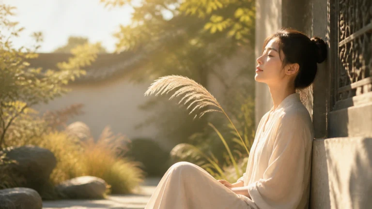 一名白衣女子闭眼倚坐在雕花窗旁，阳光照亮侧脸，身旁一穗金色草穗弯垂，庭院里散布岩石与草木。