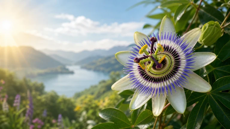 一朵白色花瓣、紫白细丝环绕花心的花在绿叶间盛开，中央突起的花蕊带有紫色与黄色，左侧阳光照向朦胧的山间湖面。