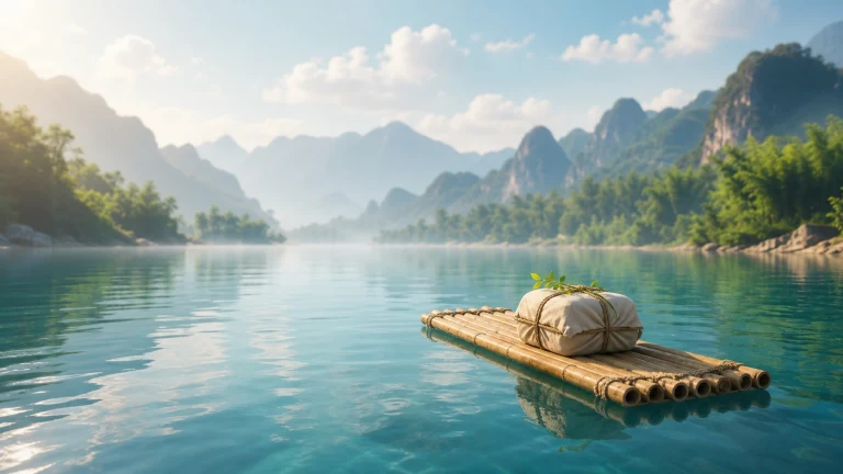 一只小竹筏浮在清澈碧水上，筏上放着用绳捆扎的浅色布包，包顶压着一枝绿叶，远处群山与岸边树林笼着薄雾。