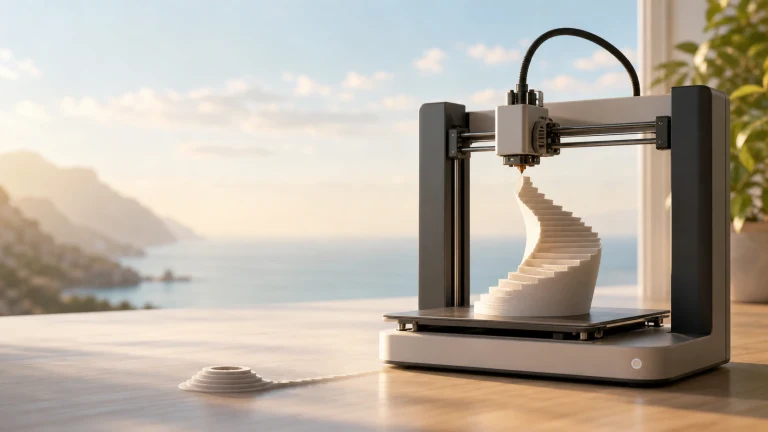 窗前木桌上的3D打印机喷头下方是一座白色螺旋阶梯模型，桌面另有低矮的环形阶梯状物，窗外水面与沿岸山丘映着暖光。