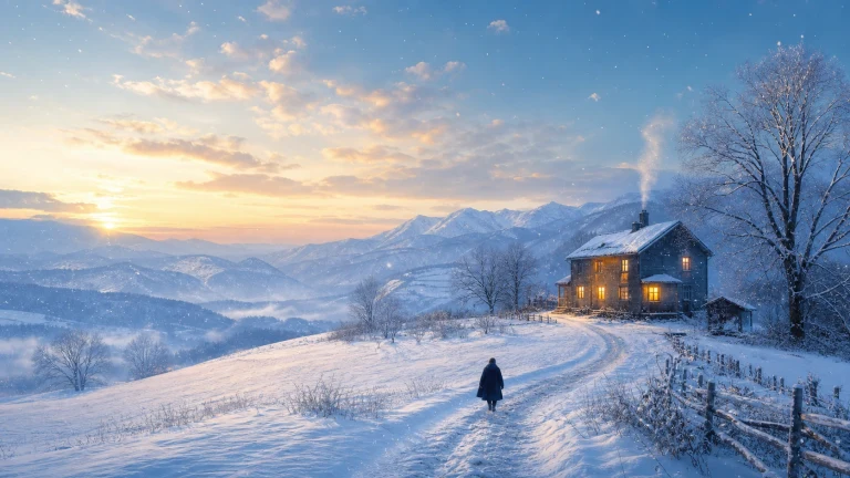 一名穿深色长外套的人沿雪路走向山坡上的房屋，窗内亮着暖黄灯光，烟囱升起白烟，木栅栏与落叶树覆着雪，远山映在金色天光下。