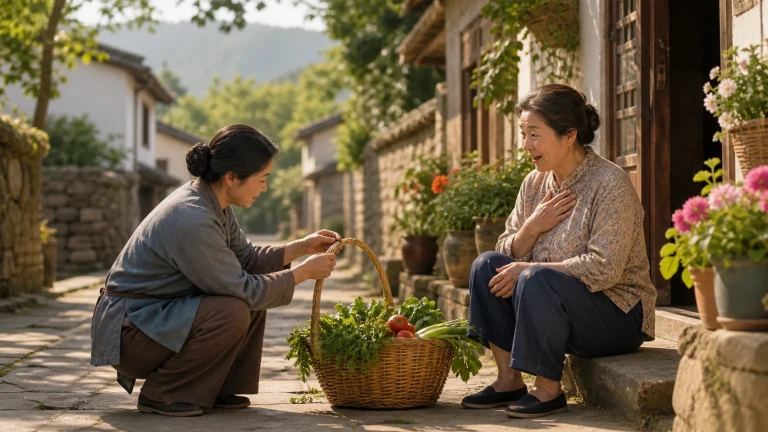 一名灰蓝上衣女子蹲在石板路上，双手整理装满绿叶菜和红色果实的藤篮提手；另一名花上衣女子坐在门前台阶上，一手放在胸前，周围摆着花盆。