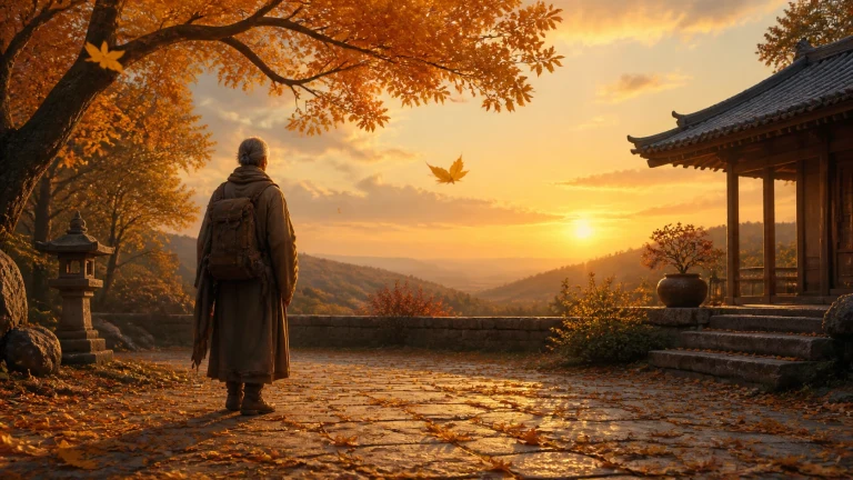 一名灰发旅人背着背包，站在铺满落叶的石板庭院中望向山间夕阳；金黄树枝横伸头顶，左侧有石灯笼，右侧是瓦顶木屋和盆栽。