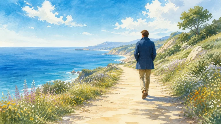 水彩画中，一名穿蓝色外套和浅棕长裤的男子背向画面，沿海边野花丛中的小路行走；左侧是蓝色海面和近岸白浪，右侧山坡上长着绿树。