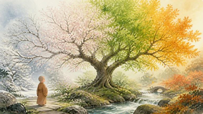 水彩画中，一名穿棕色长袍的光头小孩站在溪边，望着一棵横展的大树；树冠从左侧覆雪的枝条、粉白花朵过渡到绿叶和金黄叶片，右侧溪流上有一座石拱桥。