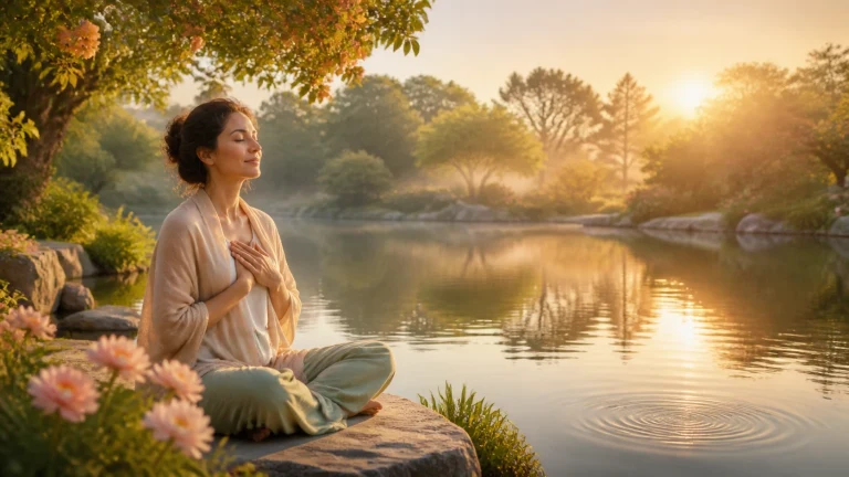 一名挽发女子穿浅色上衣和浅绿长裤，盘腿坐在湖边大石上，闭眼将双手交叠贴在胸前；身旁粉花盛开，湖面泛起圆形涟漪，对岸树木映着金色阳光。