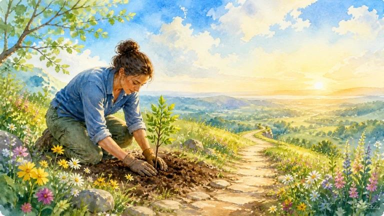水彩画中，一名扎发女子穿蓝色衬衫、戴手套，跪在山间小路旁，用双手压实一株绿叶树苗根部的泥土；四周野花盛开，石路蜿蜒伸向阳光照耀的山谷。