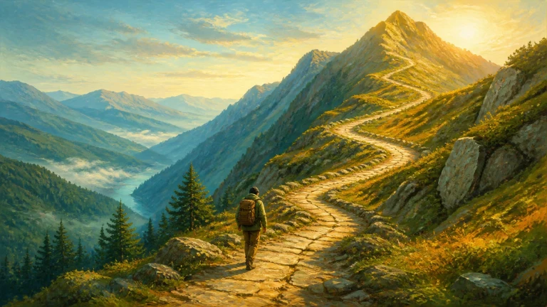一名穿绿色外套、背棕色背包的人沿石板山路向上行走，曲折小路通向阳光照亮的尖峭山峰；坡边散布岩石和针叶树，左侧深谷间有水流与薄雾。