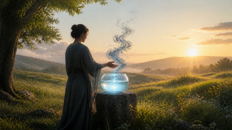 一名挽发女子穿深灰蓝色长裙，站在夕阳下的山野大树旁，伸手靠近石台上的圆形玻璃水缸；缸中蓝光闪烁，一股旋转的水流悬浮升起，远处是起伏山丘与草地。