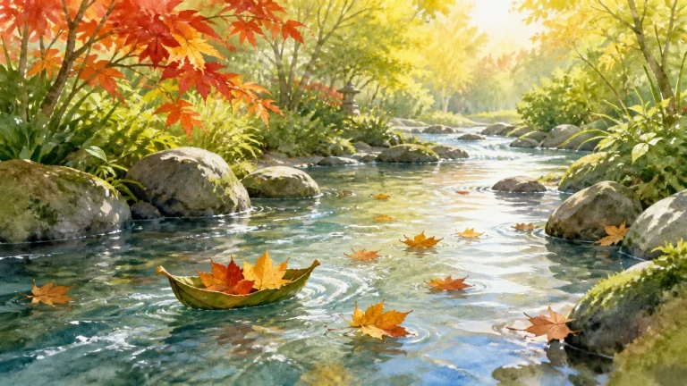 一只由绿色叶片折成的小船漂在清澈溪流上，船中装着红黄枫叶；更多落叶随水流绕过覆苔圆石，岸边红叶树与翠绿植物在明亮秋日阳光下交织。