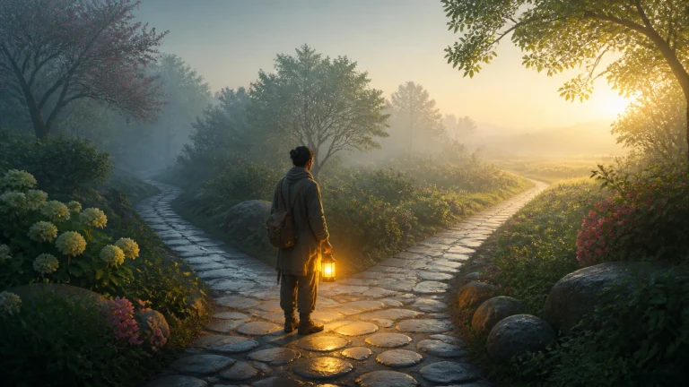 一名束发者穿深色长外套，背着棕色小包并提着发光提灯，站在花木环绕的石板岔路口；左侧小径通向薄雾树林，右侧道路延伸至朝阳照亮的田野。