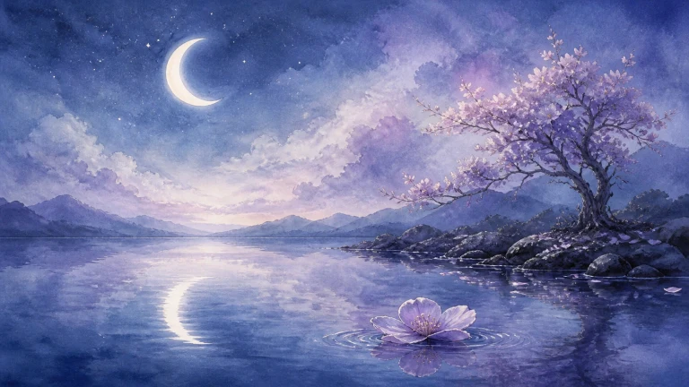 水彩画中的紫蓝色夜空悬着弯月和星点，湖面映出月光；一朵淡紫花漂在近处水面泛起涟漪，右岸开花树生长在岩石间，远方群山环绕湖泊。