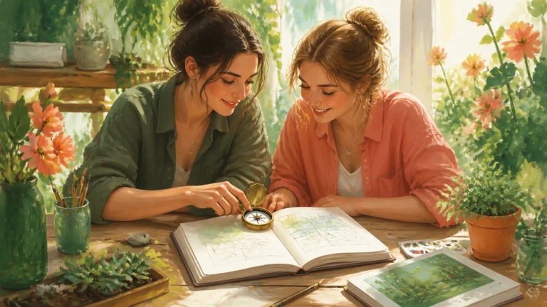 两名盘发女子在阳光明亮的花园画室里并肩俯身，查看摊开的地图册和黄铜指南针；木桌上摆着画笔、水彩颜料、植物盆栽与另一册风景画本。