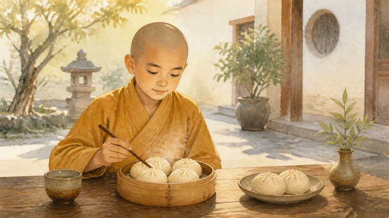 一名剃发小僧穿赭黄色僧衣，坐在寺院庭院的木桌前用筷子夹取热包子；竹蒸笼中放着五个包子，旁边陶盘另盛两个，桌上还有茶杯和插着绿枝的小瓶。