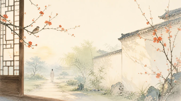 淡雅水彩画中，一名束发者穿白色长袍，沿中式庭院石板路走向远处亭台；红花枝从木格门与白墙两侧伸入，一只麻雀停在左侧枝头，竹柳隐在晨雾里。