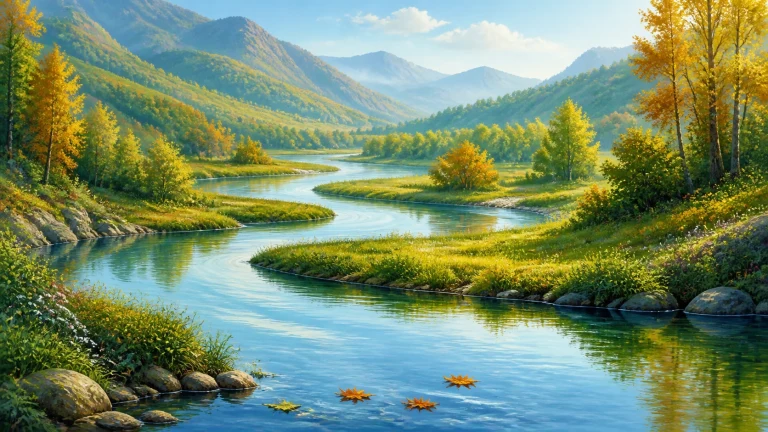 清澈的蓝色河流在绿色山谷中蜿蜒分叉，两岸树木初染金黄，远处群山层叠；几片橙色枫叶漂在近处水面。