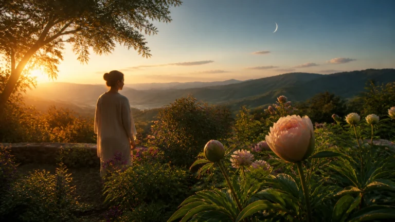 一名盘发女子穿浅色长裙，站在夕阳下的山顶花园里眺望层叠群山；近处粉色芍药盛开，暮空中悬着一弯细月。