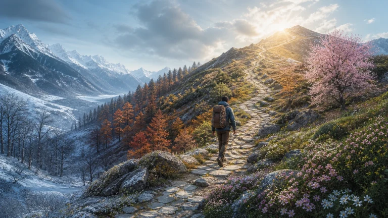 一名背着棕色登山包的旅行者沿山脊石路走向阳光照耀的峰顶；左侧雪覆山谷与橙色树林交错，右侧粉白野花和盛开的花树铺满山坡。