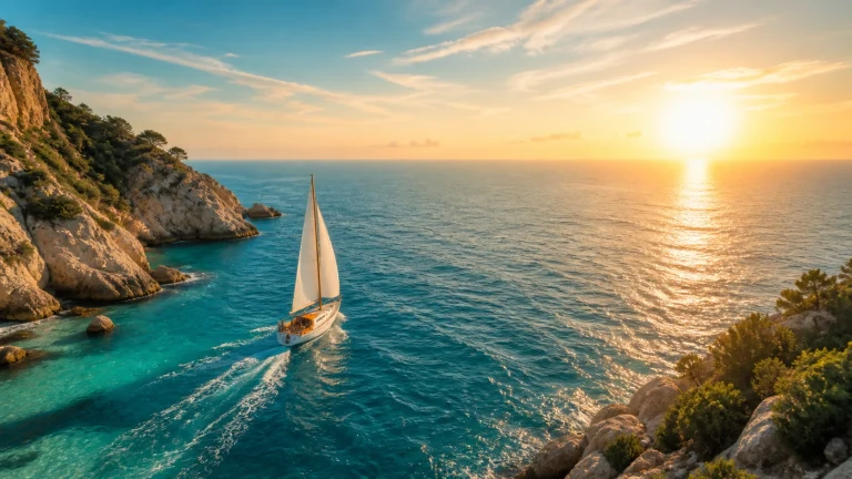 一艘白帆船驶过夕阳下的碧蓝海湾，在水面拖出长长航迹；两侧浅色岩岸长着松树，金色日光铺满远处海面。