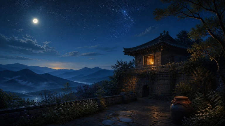 满月与繁星照耀层叠山谷，一座亮着暖光的中式石屋立在林间高处；石板庭院边放着覆布陶缸，远处山间云雾缭绕。