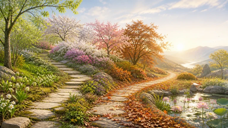 阳光照耀山间花园，两条石板小径在白粉花树与橙红秋树之间分岔；右侧池塘开着粉色睡莲，远处山谷河流蜿蜒。