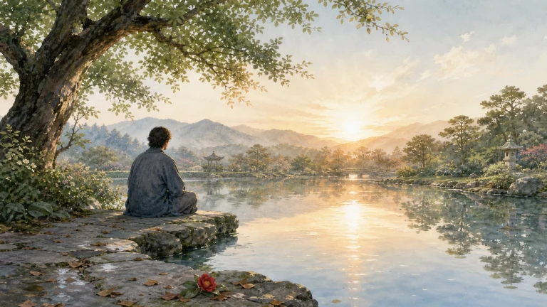 水彩画中，一名男子背对画面坐在大树下的湖畔石台上，望向映着落日的平静水面；远处花木间有凉亭、拱桥和层叠山峦。