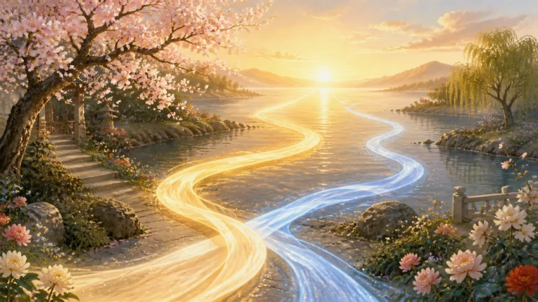 粉色花树与繁花环绕夕阳下的山间湖泊，两条金色和蓝色发光带从湖面蜿蜒交汇，延伸到近处石径；岸边有台阶、石栏和垂柳。