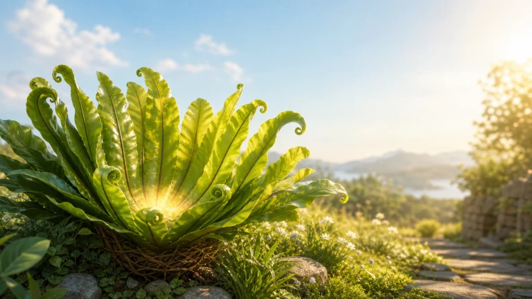 一株大型蕨类植物在阳光下展开宽阔油亮的绿叶，多片叶尖卷成螺旋，植株中心透出金色光芒；旁边石径通向远处湖泊与山峦。
