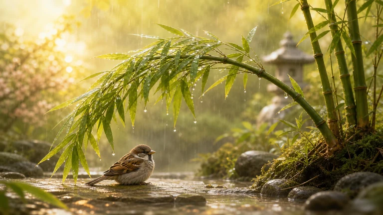 一只棕色麻雀停在雨中的浅溪石面上，低垂的竹枝与细长绿叶在它上方形成遮蔽，叶尖挂着晶莹水滴；夕阳从湿润花园深处照来。