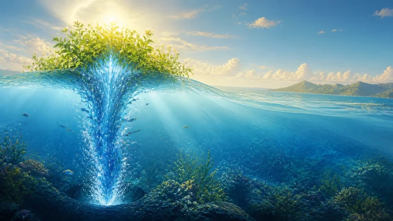 阳光照耀的海面上浮着一簇茂盛绿植，周围海水向下汇成巨大的蓝色漏斗，直落深海礁石之间；水下鱼群游过，远处可见绿色岛屿。