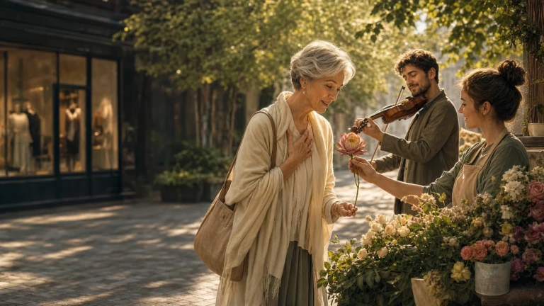 阳光下的街边花摊前，一名女店员把粉色花朵递给白发女子；后方男子拉奏小提琴，摊位摆满玫瑰和白花。