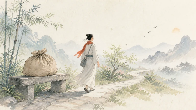 水彩画中，一名扎发女子系红色围巾、背挎包，沿山间石径走向远山；竹林旁石凳上放着一个扎紧的大布包。