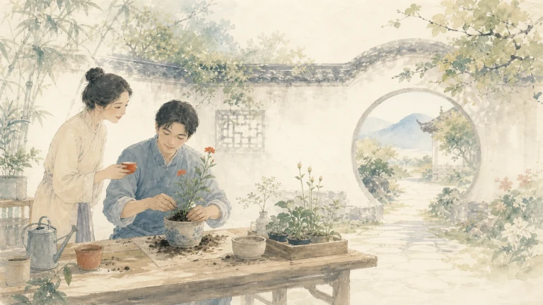 水彩画中，一名女子端着茶杯站在男子身旁，男子坐在庭院木桌前为盆栽添土；桌上摆着花盆、花苗和浇水壶。