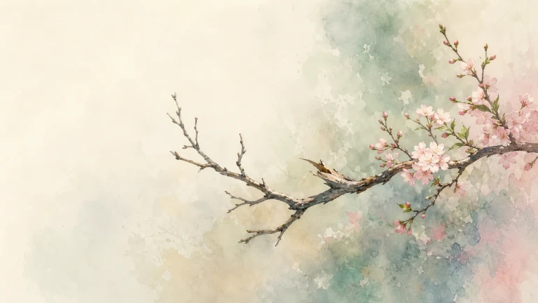 水彩画中，右侧树枝开满粉白花朵，向左伸展的细枝逐渐变得光秃；背景铺着淡绿与浅粉色晕染。