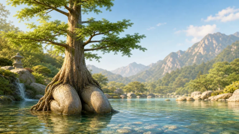 一棵高大的树从清澈河水中的圆润巨石间生长，粗根包覆岩石，后方瀑布从山谷流下。