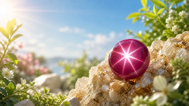 一颗半透明洋红色球体置于透明与金色晶簇上，表面闪着明亮星芒，周围是阳光花园。