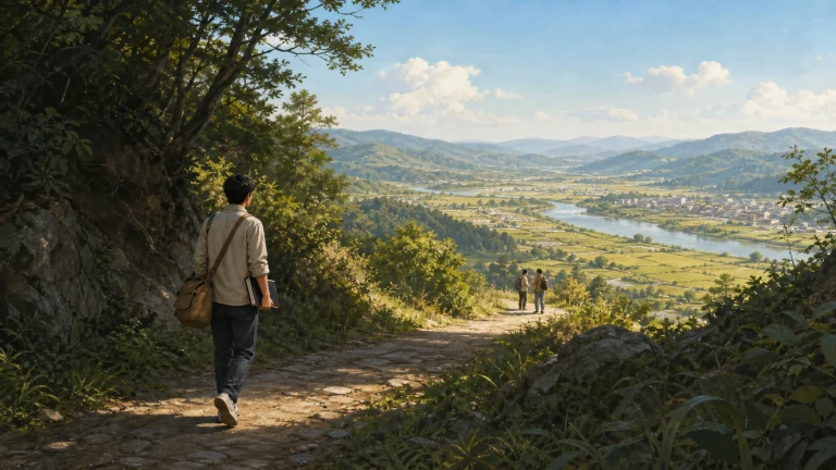 一名背挎包、抱着书的男子沿林荫山路下行，前方两人走向河流、城镇与开阔山谷。