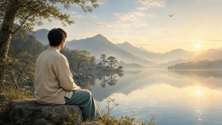 一名穿浅色上衣的男子坐在湖岸岩石上，面向夕阳下平静的山间湖泊与远峰。