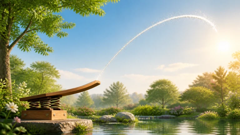 池塘边的木制弹簧跳板向上翘起，一道水花从板端抛向空中，阳光花园环绕四周。