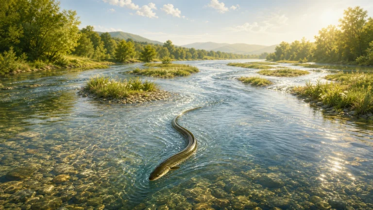一条细长的深褐色鱼游过清澈浅河，水下卵石清晰可见，河道在阳光下绕过多个草洲。