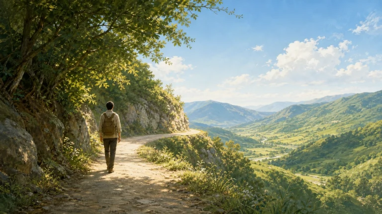 一名背着双肩包的男子沿山腰土路前行，右侧开阔山谷中分布着田野、树林和蜿蜒河流。