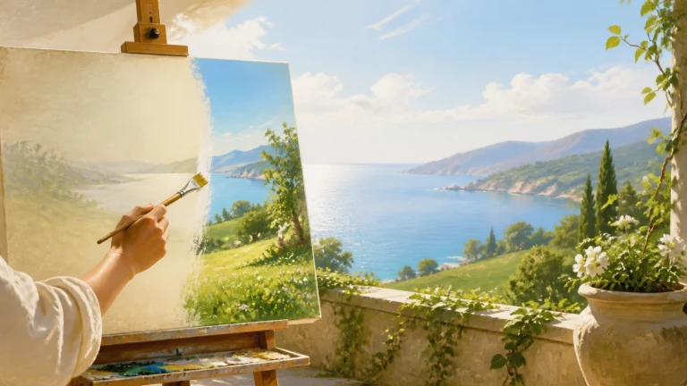一只手用画笔在画架上描绘海湾与绿坡，画布右半已呈现蓝色海面，露台外的真实景色延伸在后方。
